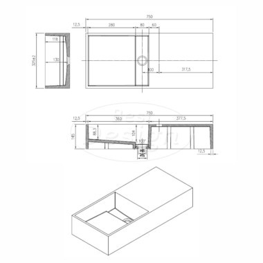 "N75" wastafel "Just-Solid" 75x33x15cm - Artikelnr.: 4000550